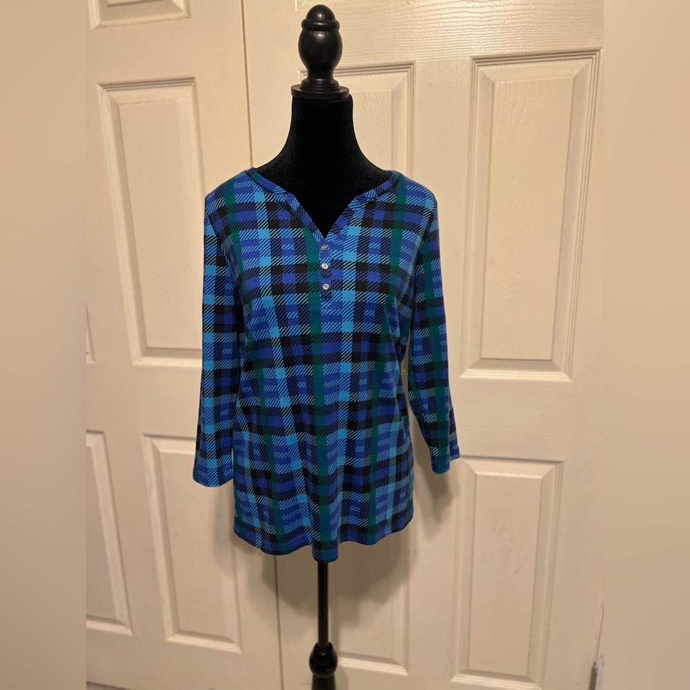Karen Scott Blue and Black Plaid Henley-Style Women's Top
